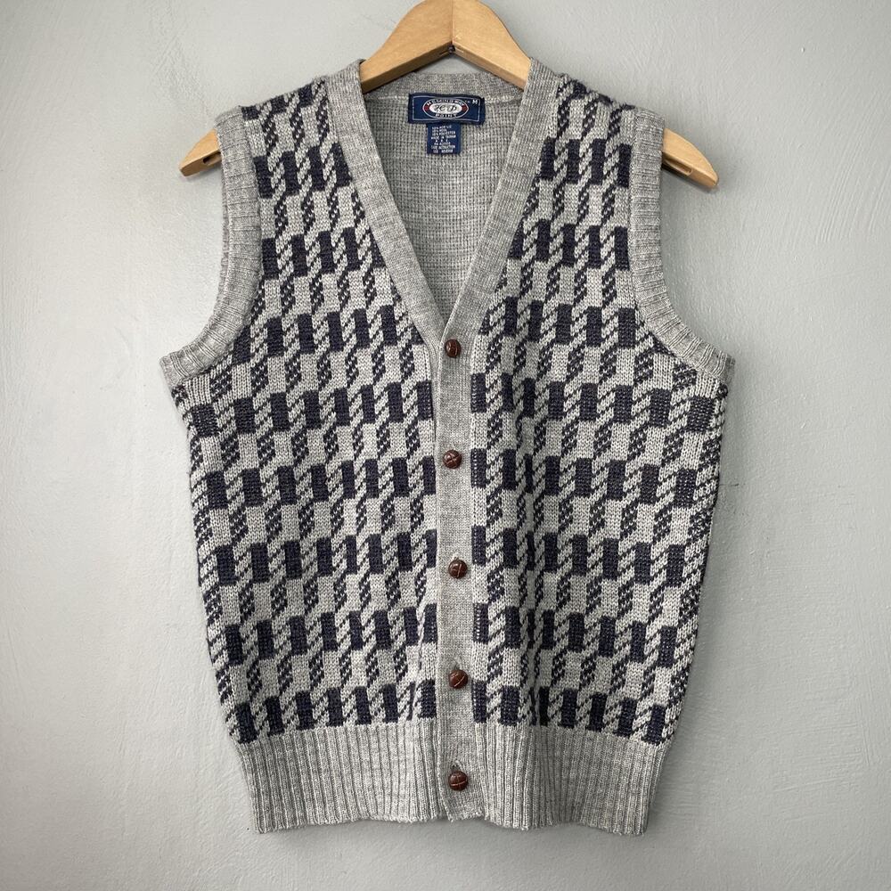 Vintage Houndstooth Sweater Vest Size Medium Gray Navy Wool Academia Grandpa